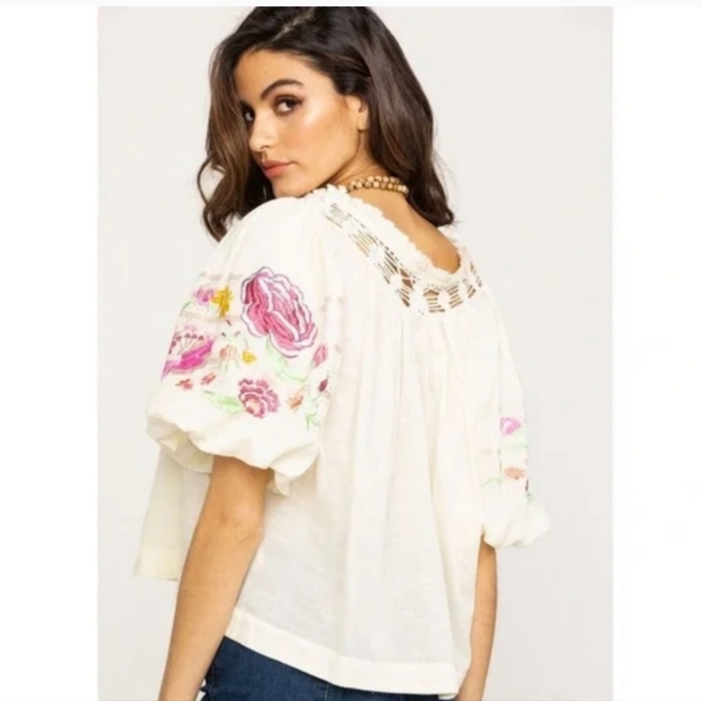 Free People Cream Embroidered Puff Sleeve Blouse with Pink Floral size Large